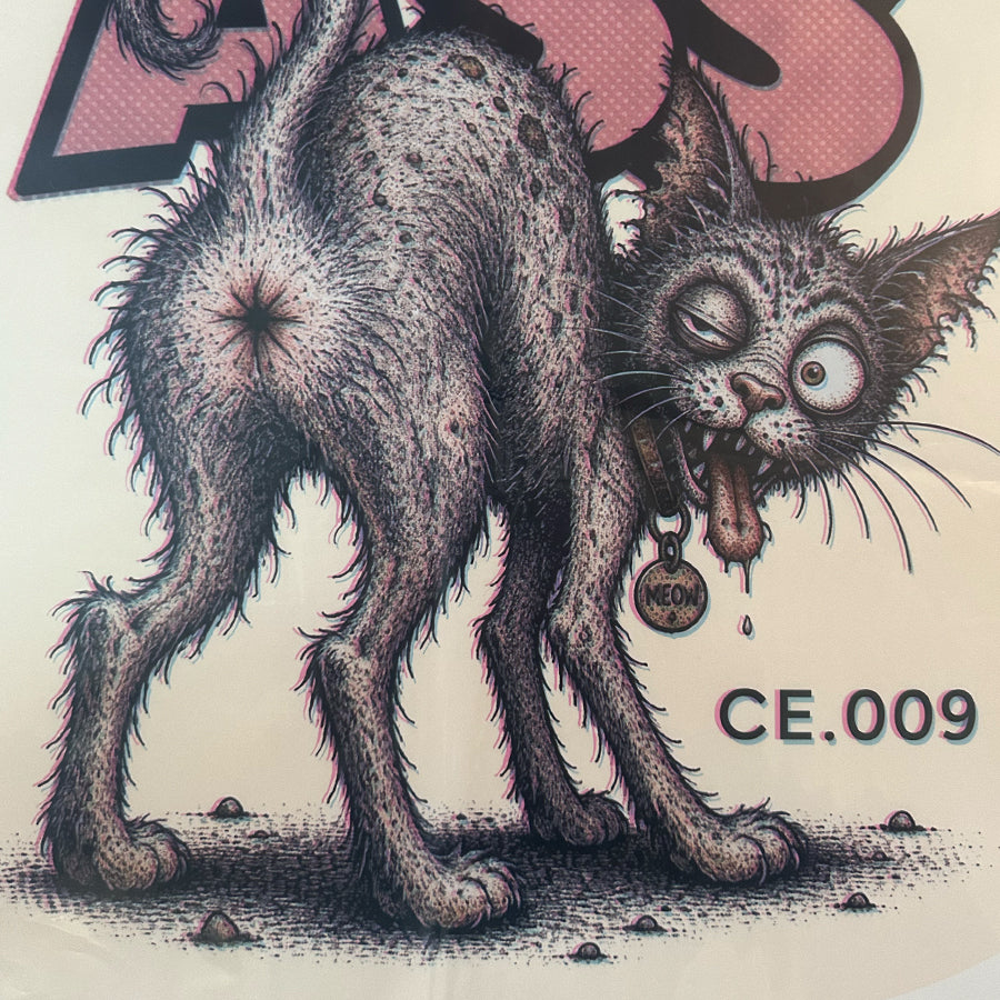 Cat's Ass supersized decal print mangy cat artwork close-up