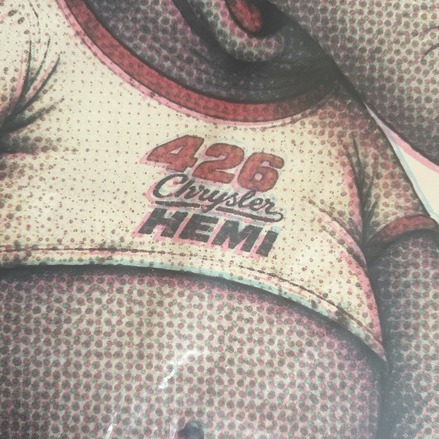 426 Hemi supersized decal print 426 Chrysler Hemi ringer tee close-up
