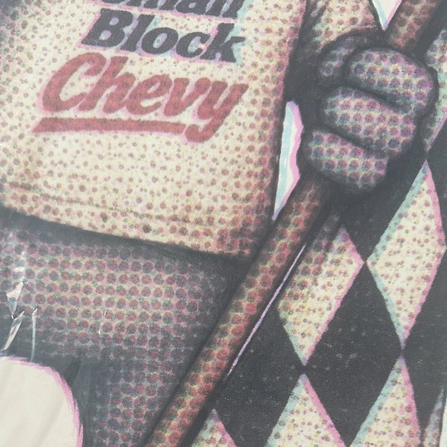 Small Block supersized decal print Small Block Chevy tee and checkered flag close-up